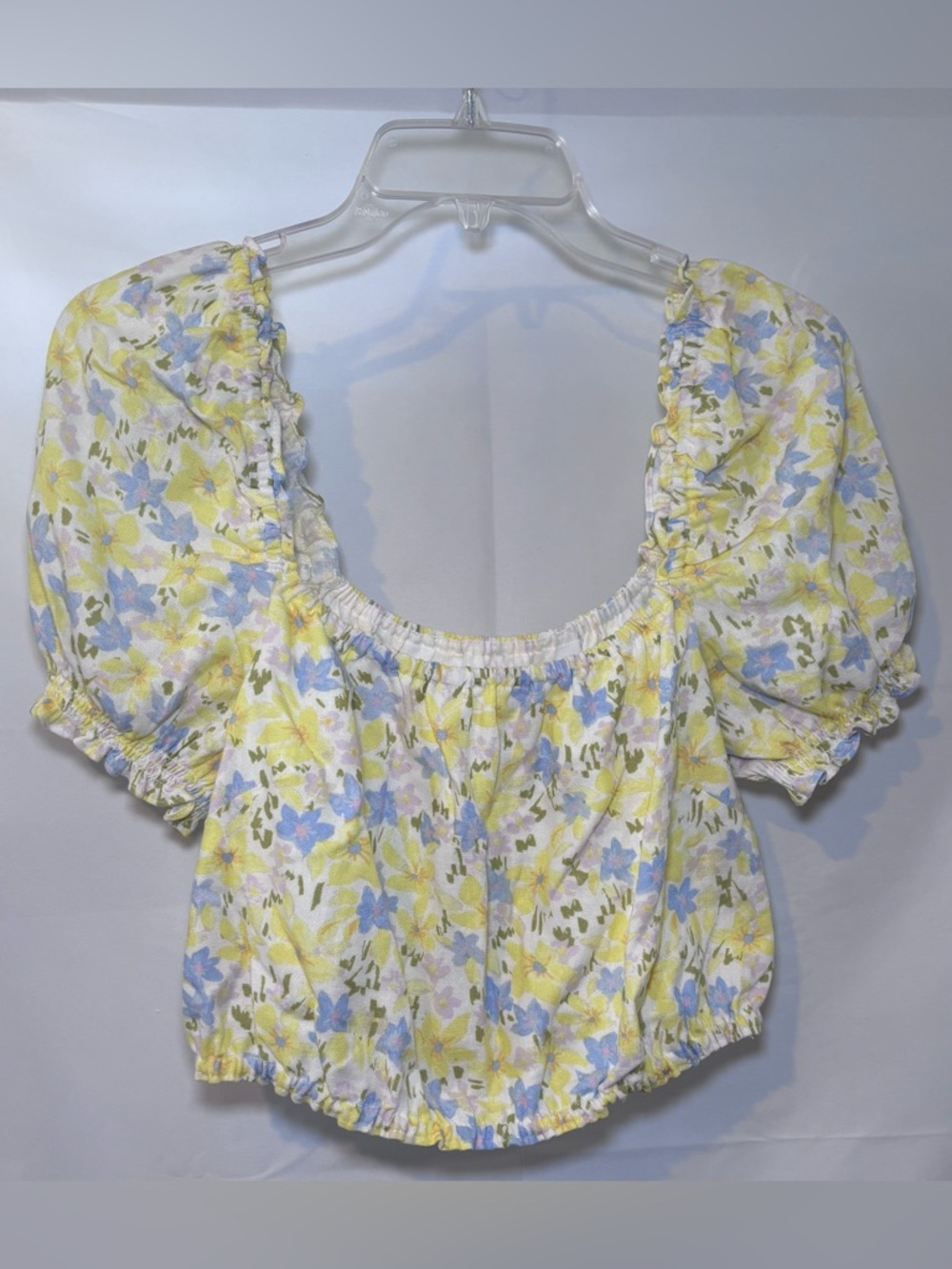 Gianni Bini Yellow Blue Floral Puff Sleeve Crop Top